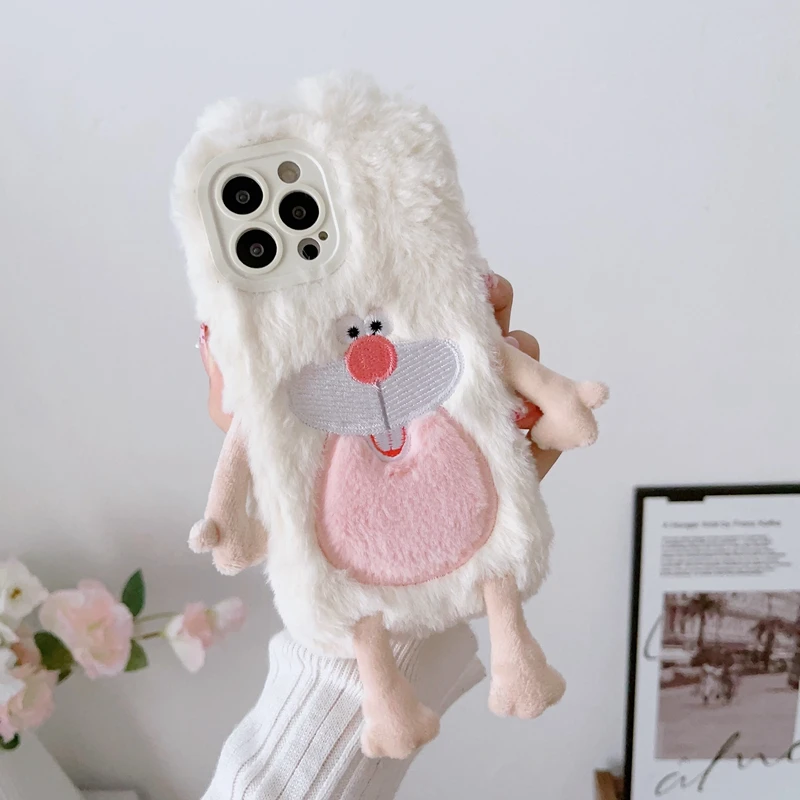 น่ารัก3D กระต่าย Fur Plush โทรศัพท์สำหรับ iPhone 14 13 12 Mini 11 Pro Max XS Max XR X SE 2020 6S 7 8 Plus Warm Plush