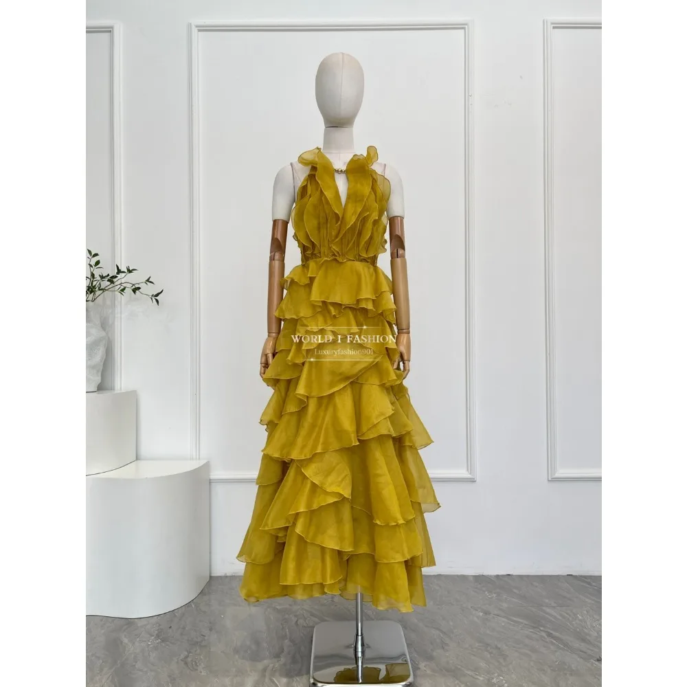 Yellow and Pink Sleeveless Pure Midi Dresses 2025 New Design High Quality