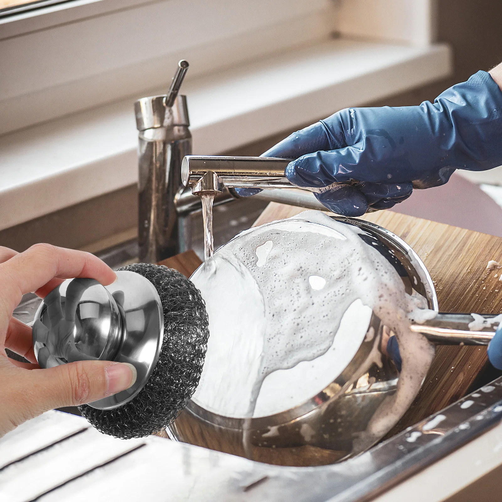 

Stainless Steel Pot Brush Kitchen Dishwasher Sponge Scrubber Round Handle Cleaning Tool Steel Wool Pan Scrubbers