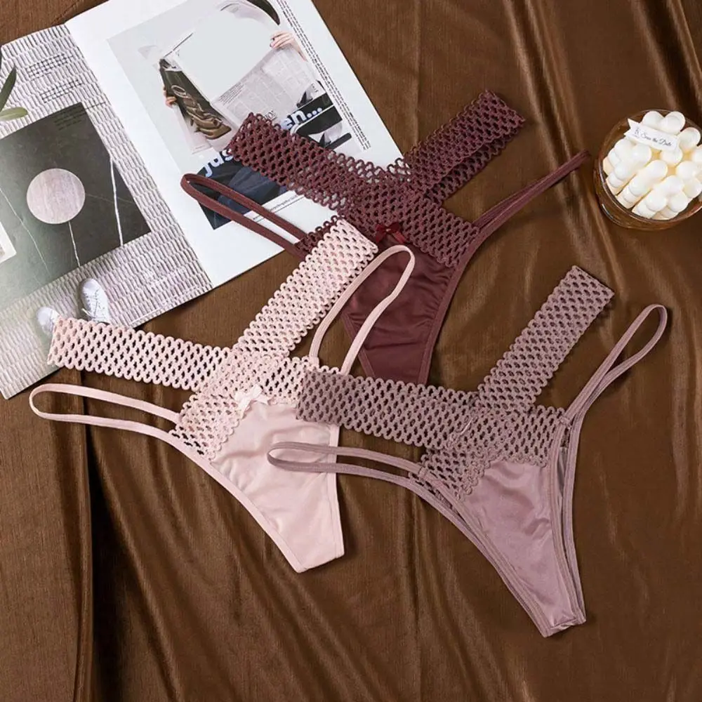 

Simple Low Waist Hollow Out Thongs Bowknot Underpants Satin Silk Panties Underwear Thin Women Mesh Briefs Girl