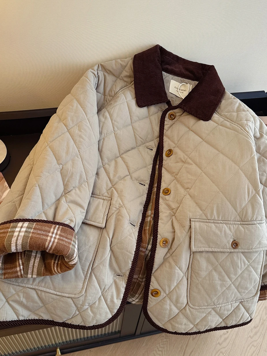 

Korean Sle Diamond Pattern Color Blo Collar Thiened Cotton irt Women's Winter Outerwear Large Size Super Cute Cotton ...