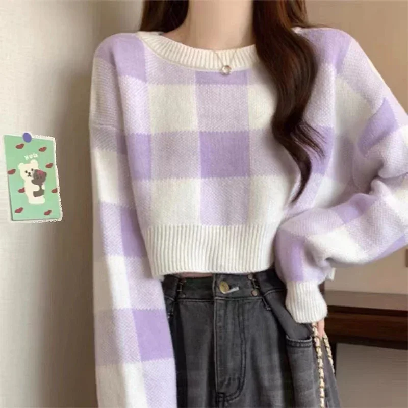 Korean Sweet Gentle Style Short Pullovers Women Chic Contrast Color Plaid Knitted Sweaters Casual All-Match Loose O-Neck Tops