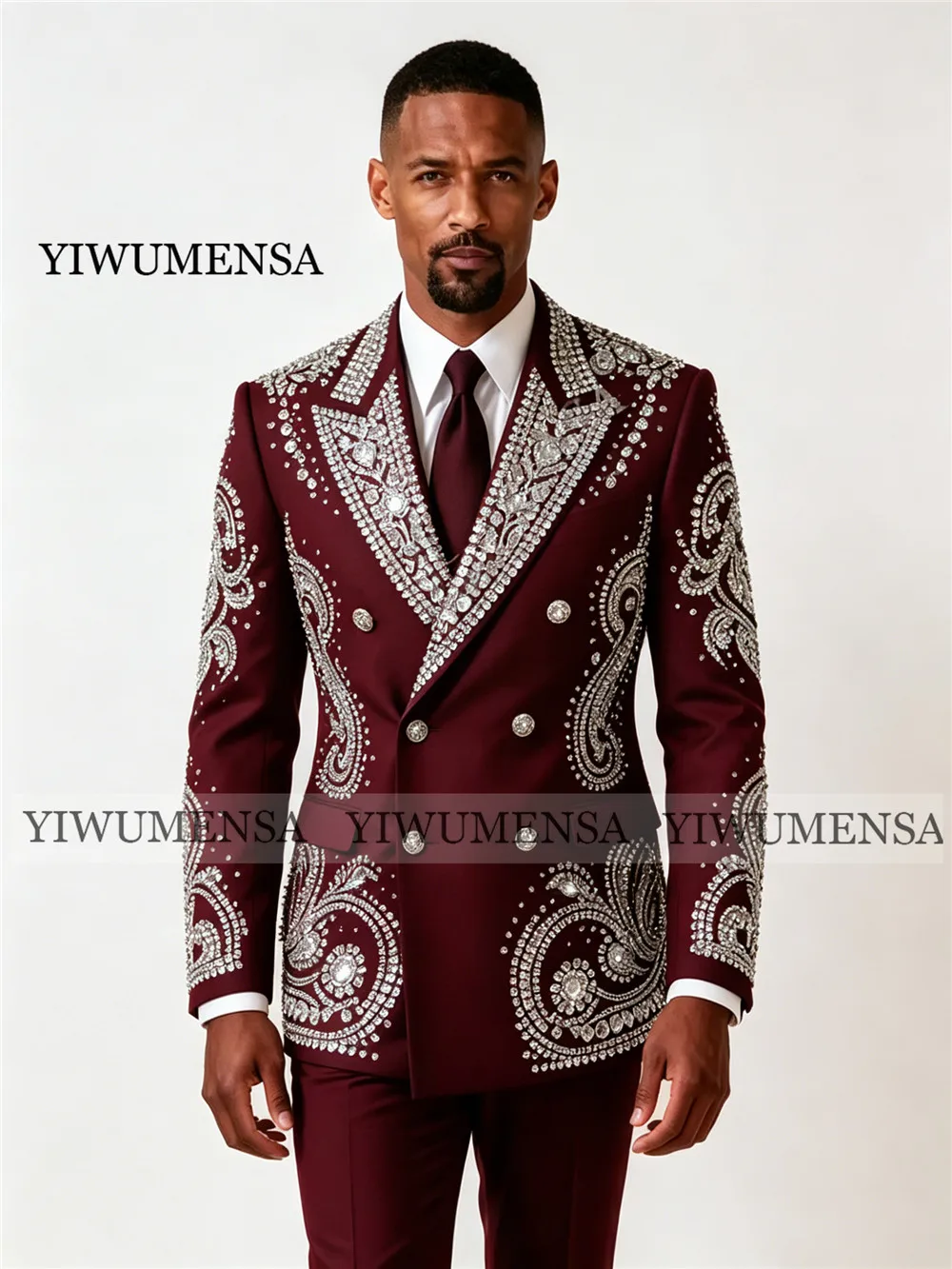 Luxury Rhinestones Beading Suit Men For Wedding Double Breasted Jacket Pants 2 Piece Sets Groom Tuxedos Slim Fit Male Outfits
