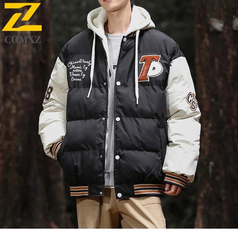 

COMXZ 2025 New Teen Men Fake Two-Piece Cotton Jacket Hooded Thickened Trendy Stitch Winter sport Outerwear School Daily Outings​