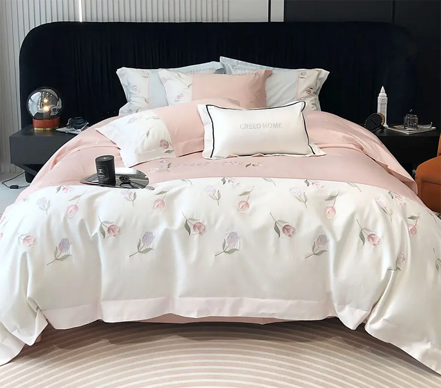 Romantic fairyfair embroidery tulip bedding set,elegant full queen king cotton home textile bed sheet pillow case quilt cover