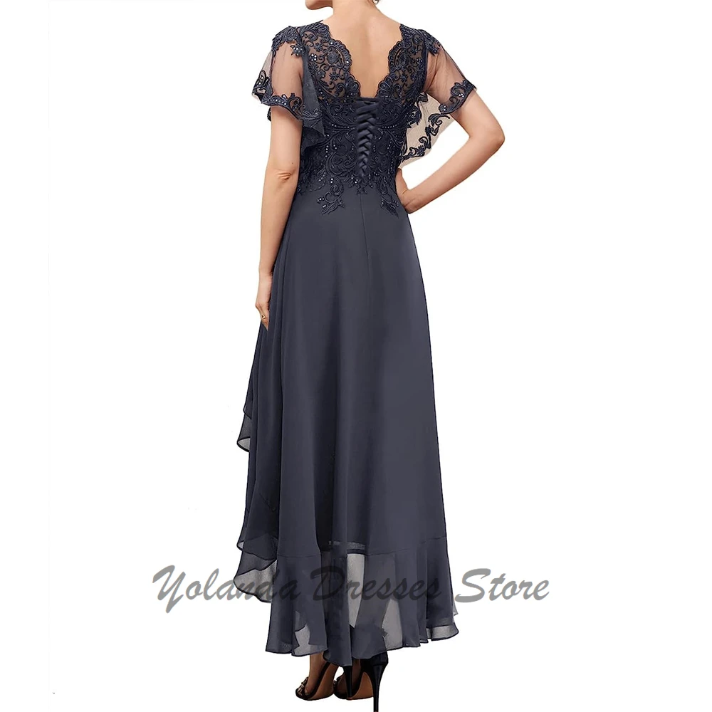 Modern V Neck Mother of The Bride Dresses Short Sleeves A Line Applique Lace Up Chiffon Mother Groom Dress Ruffles Tea Length