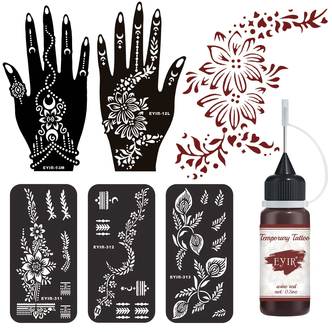 5 Sets Mandala-Blumen-Tattoo-Schablonen, Henna-Tattoo-Paste, weinrot, temporäres Tattoo, DIY-Körperkunst, Gesichts- und Handmalerei, Dekoration – Detail 1