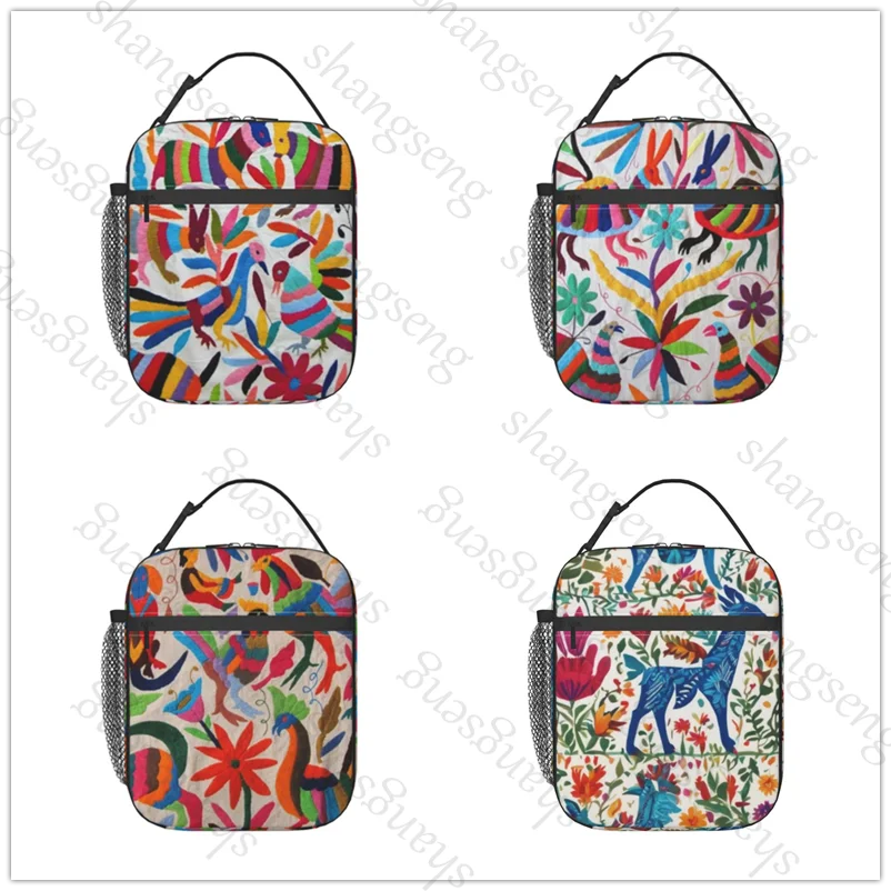

Mexican Otomi Birds Flowers Lunch Bag insulated bag student thickened waterproof Bento Bags Outdoor Travel Ice Pack Picnic Bag