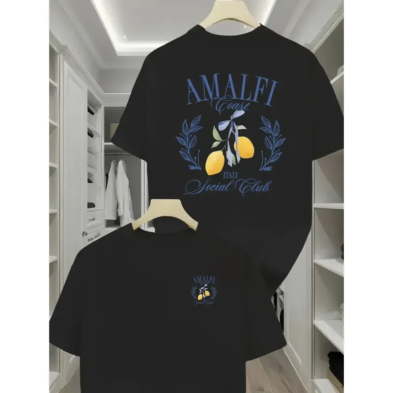Italian Coast Inspired Tee Featuring Amalfi Lemons and Elegant Blue Lettering 100% Cotton Men's T-shirt Summer Vacation Style
