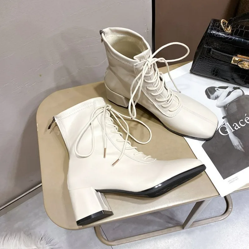 Women High-heeled Boots 2024 Fall Square Head Lace-up Chunky Shoes Heels Retro Minimalist Fashion Boots Comfortable Chelsea Boot