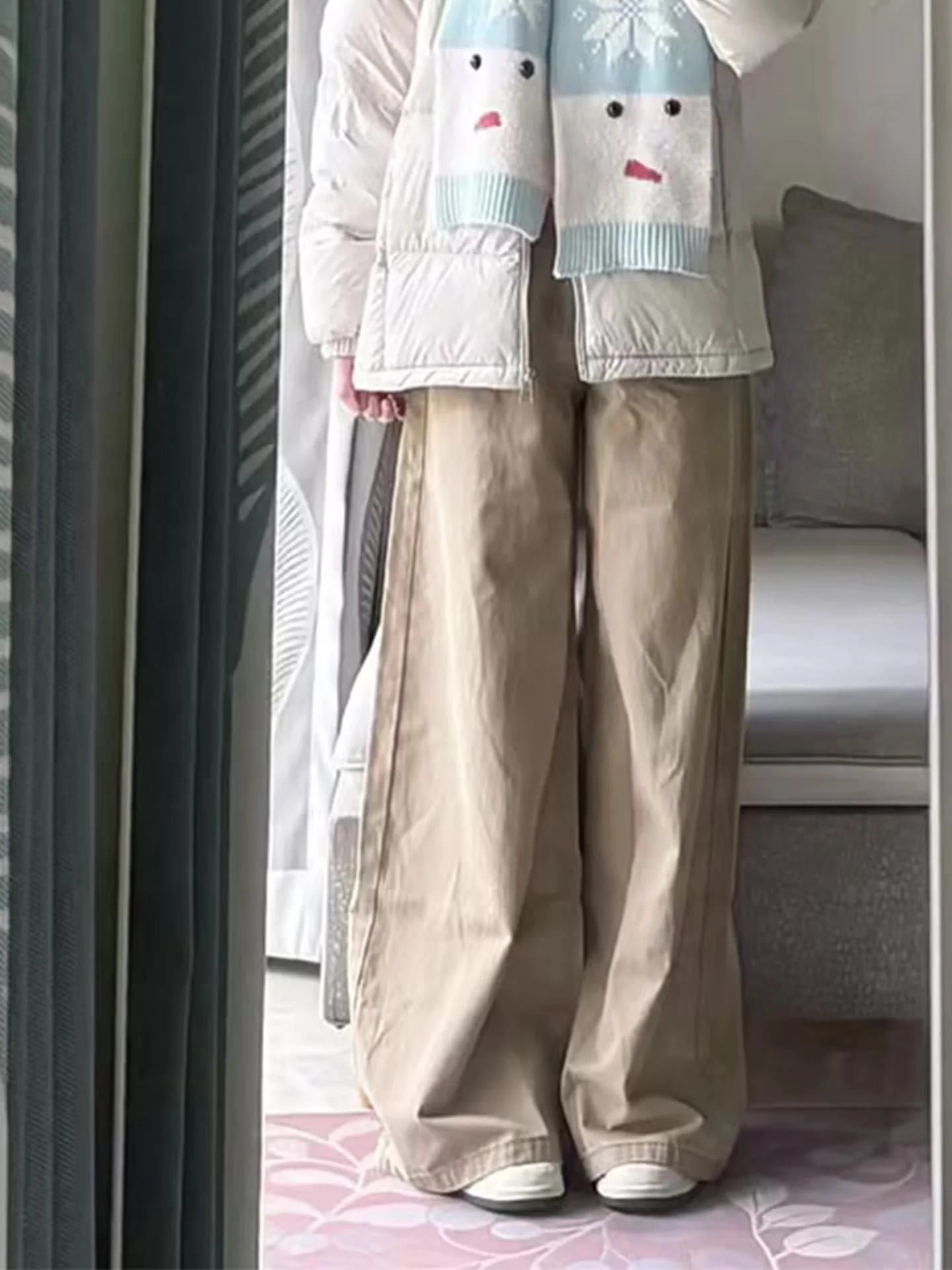 

Большие размеры Хаки Fce Lined Узкие джинсы с высокой талией Женские зимние свободные широкие брюки Американские прямые узкие напольные джинсы...