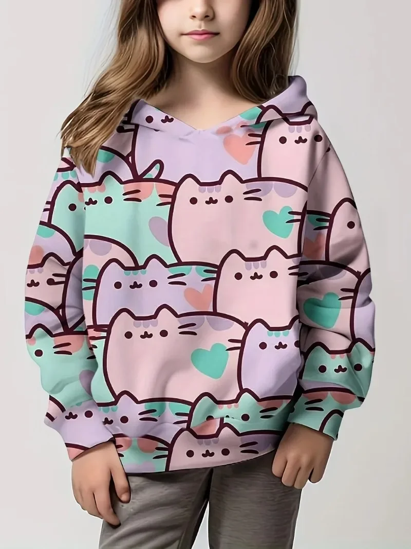 Fashion Girls Cartoon Cat Pattern Comfortable and Versatile Hooded Sweatshirt Street Spring and Autumn Wear Hooded Top