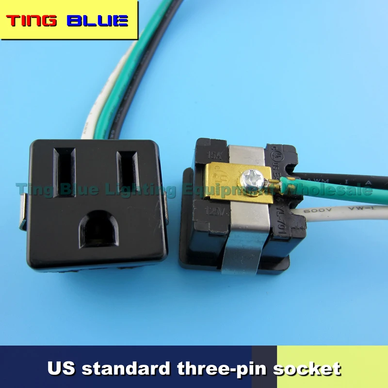 US standard three-pin socket UL three-hole socket three-pole socket square three-hole socket 16AWG wire length 200mm 125V 15A