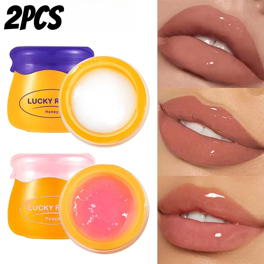 2PCS Honey Peach Lip Mask Moisturizing Lip Balm Glossy Hydrating Lip Care Soft Smooth Lip Treatment for Dry Lips
