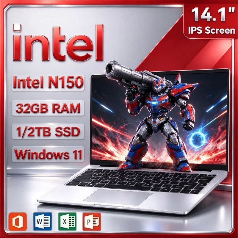New Ultra Light 14.1 Inch Laptop Intel N150 32GB RAM 2TB SSD 1080P Display Windows 11 Business Notebook Computer