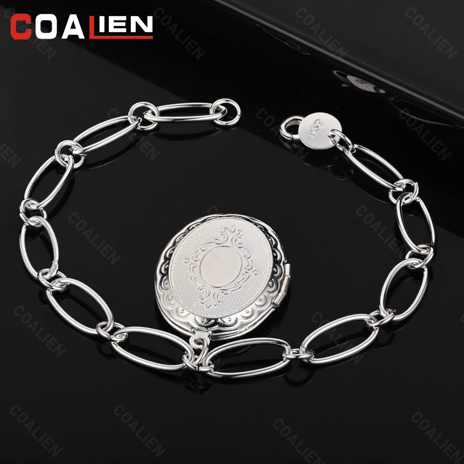

COALIEN 925 Sterling Silver Oval Frame Pendant Bracelet Women Charm Holiday Gift Party Jewelry