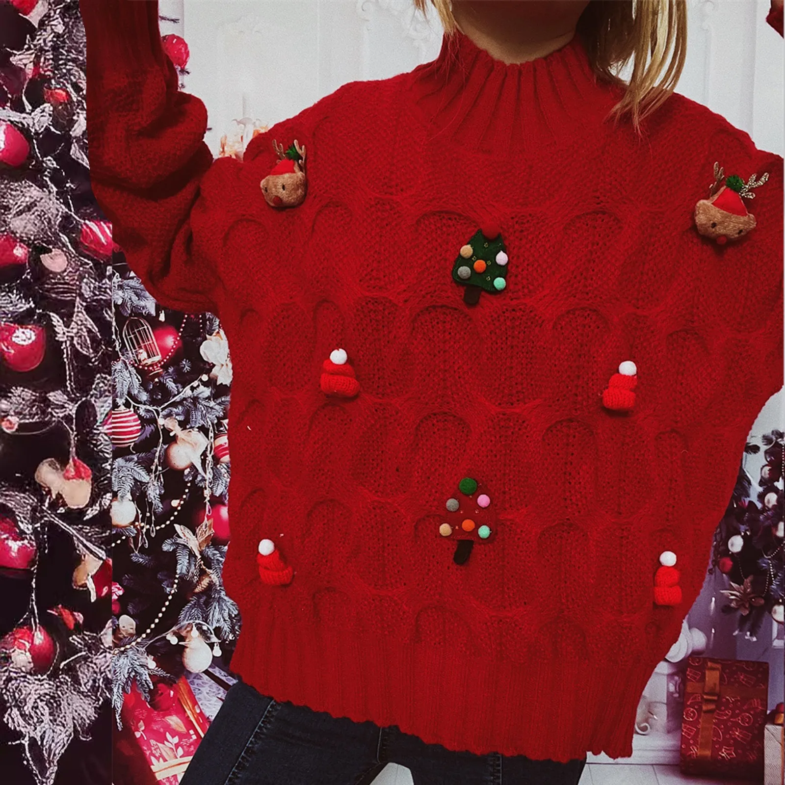 Ladies\' Christmas Fashionable Autumn And Winter Sweater Xmas Loose Round Neck Print Pullover Sweater Knitted Sweater Top 