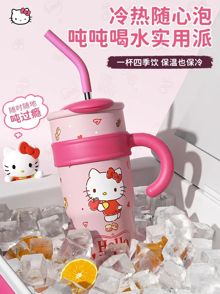 Sanrio Cute Hello Kitty Insulated 1200ml Water Bottle Large Capacity Straw Thermos Cup My Melody Cartoon Children Stainless Cup