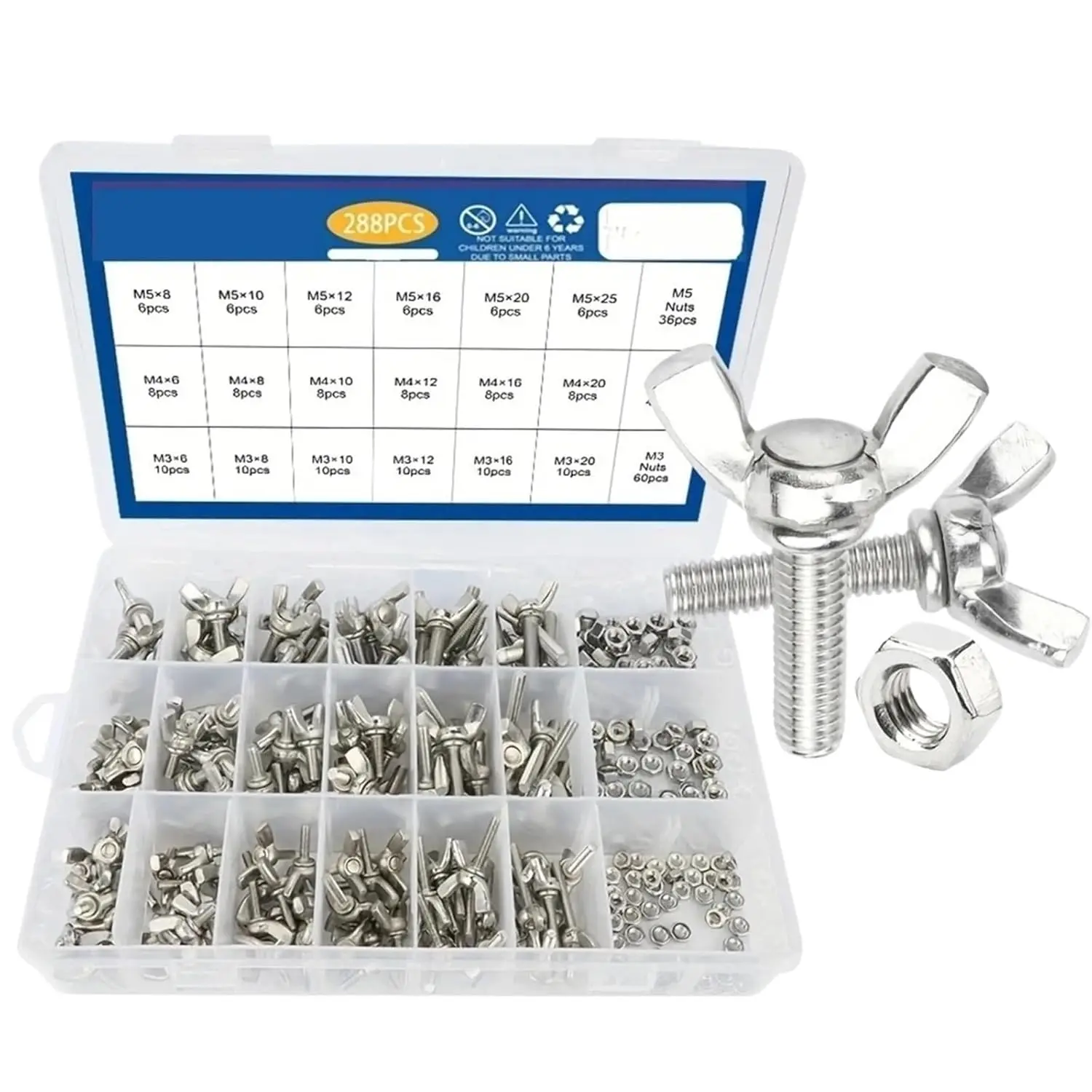 288pcs Carbon Steel Wing Screw Bolt and Nut Set Stainless M3 M4 M5 Butterfly Wing-Head Thumb Kit DIN316 for Home