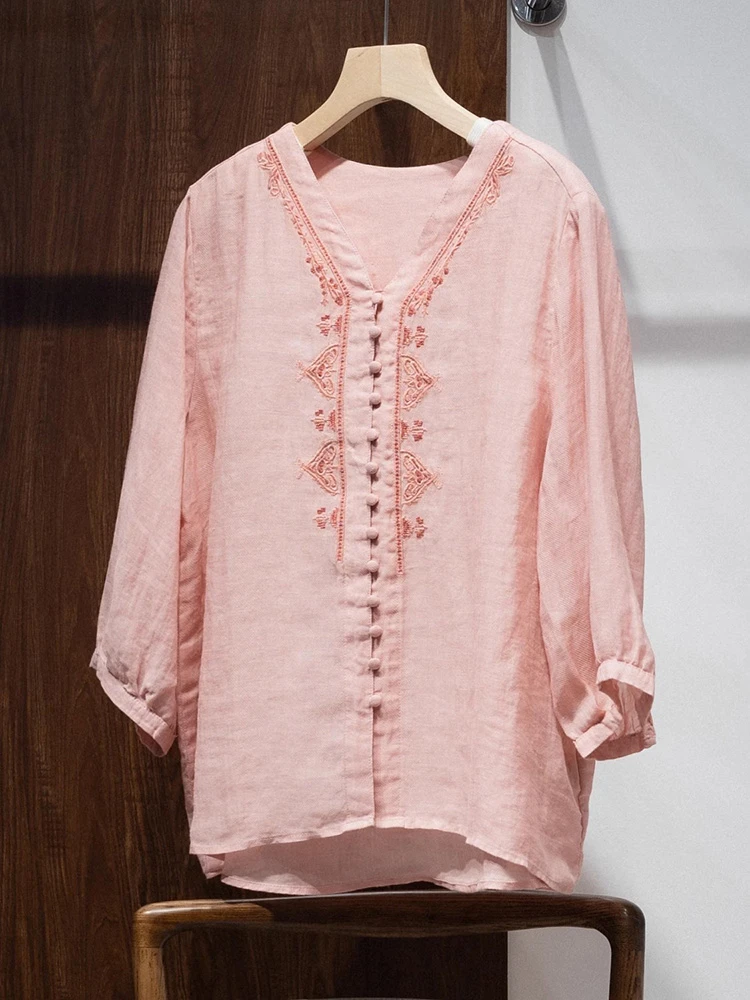100% Ramie 여성 캐주얼 셔츠 새로운 도착 2025 여름 빈티지 스타일 v-목 자수 느슨한 편안한 여성 탑 셔츠 T639