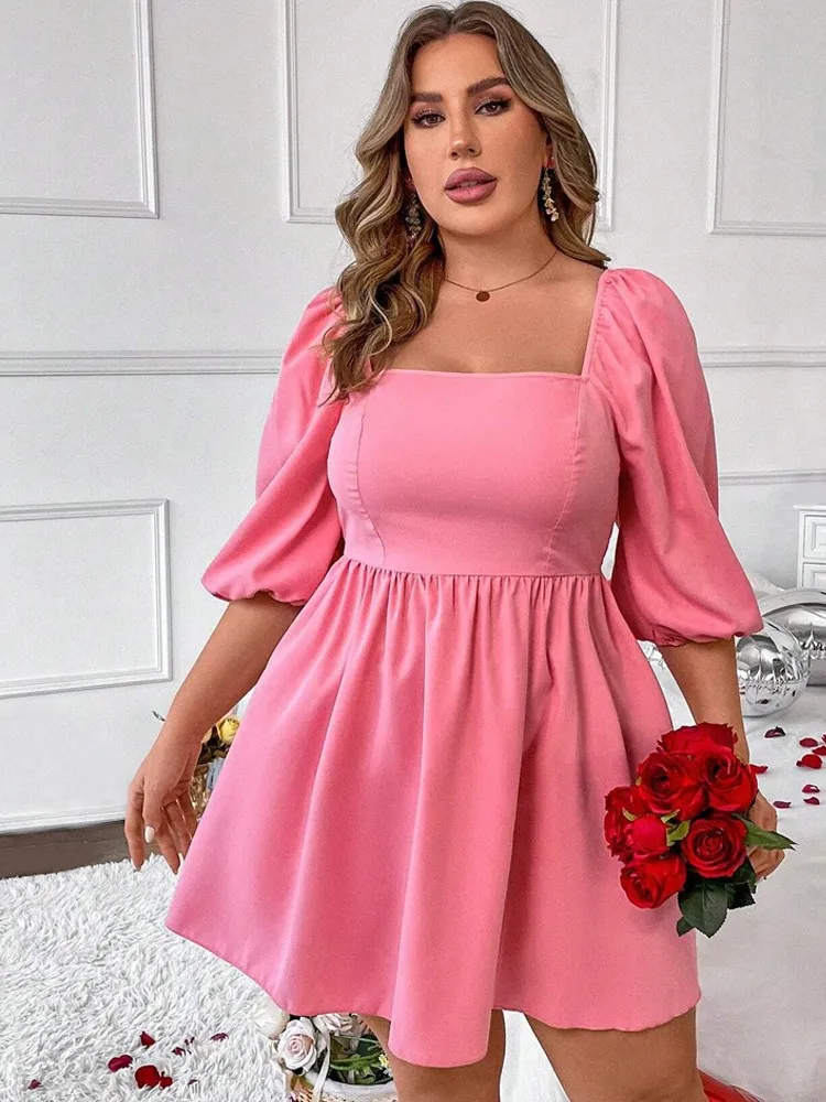 Plus Size Pink Summer Mini Dress Women Puff Short Sleeve Fashion Ruffle Pleated Ladies Dresses Square Collar A-Line Woman Dress