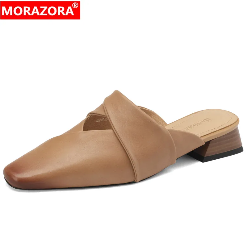 

MORAZORA 2024 New Size 34-40 Vintage Ladies Mules Summer Shoes Square Toe Genuine Leather Slippers Square Low Heels Slippers
