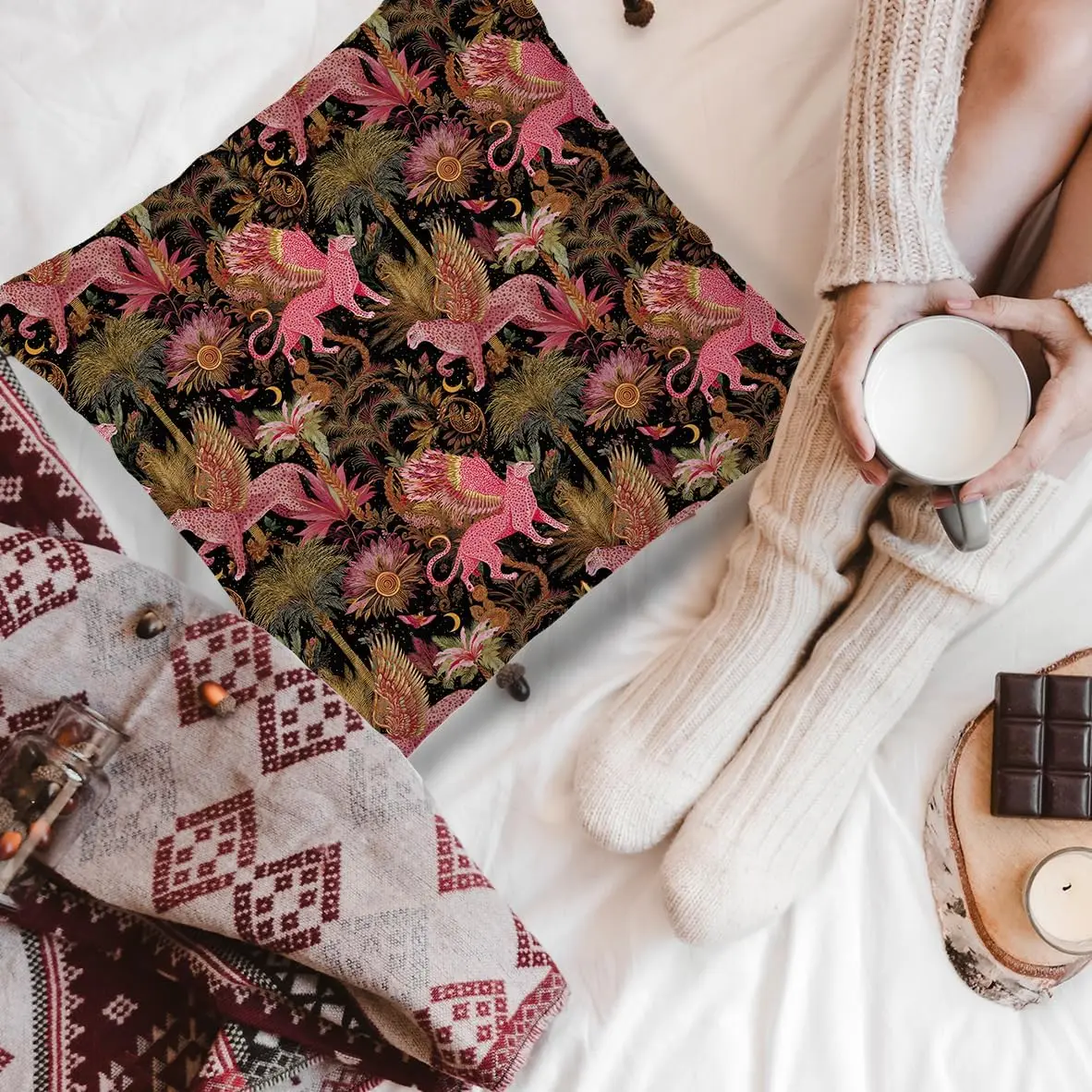 Dark Fantasy Leopard Pink and Gold Throw Pillow Cover 18x18 | Cheetah Room Decor, Mystical Tropical Palm Tree Jungle Animal