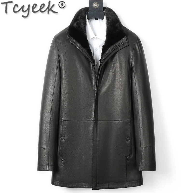 Tcyeek Goatskin Genuine Leather Man Jackets Natural Fur Coat Winter Clothes Mid-length Mink Fur Mens Coats 2024 Куртка Мужская