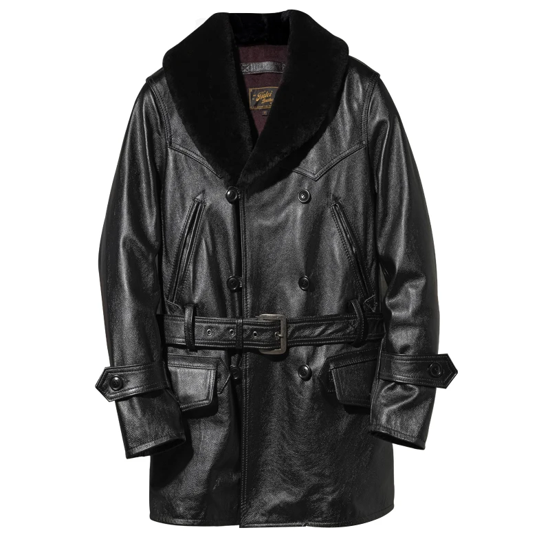 

Black Long Winter Leather Jacket Men Casual Style Plus Size 5XL Genuine Natural Thick Cowhide Wool Turn-Down Collar Belt Coat