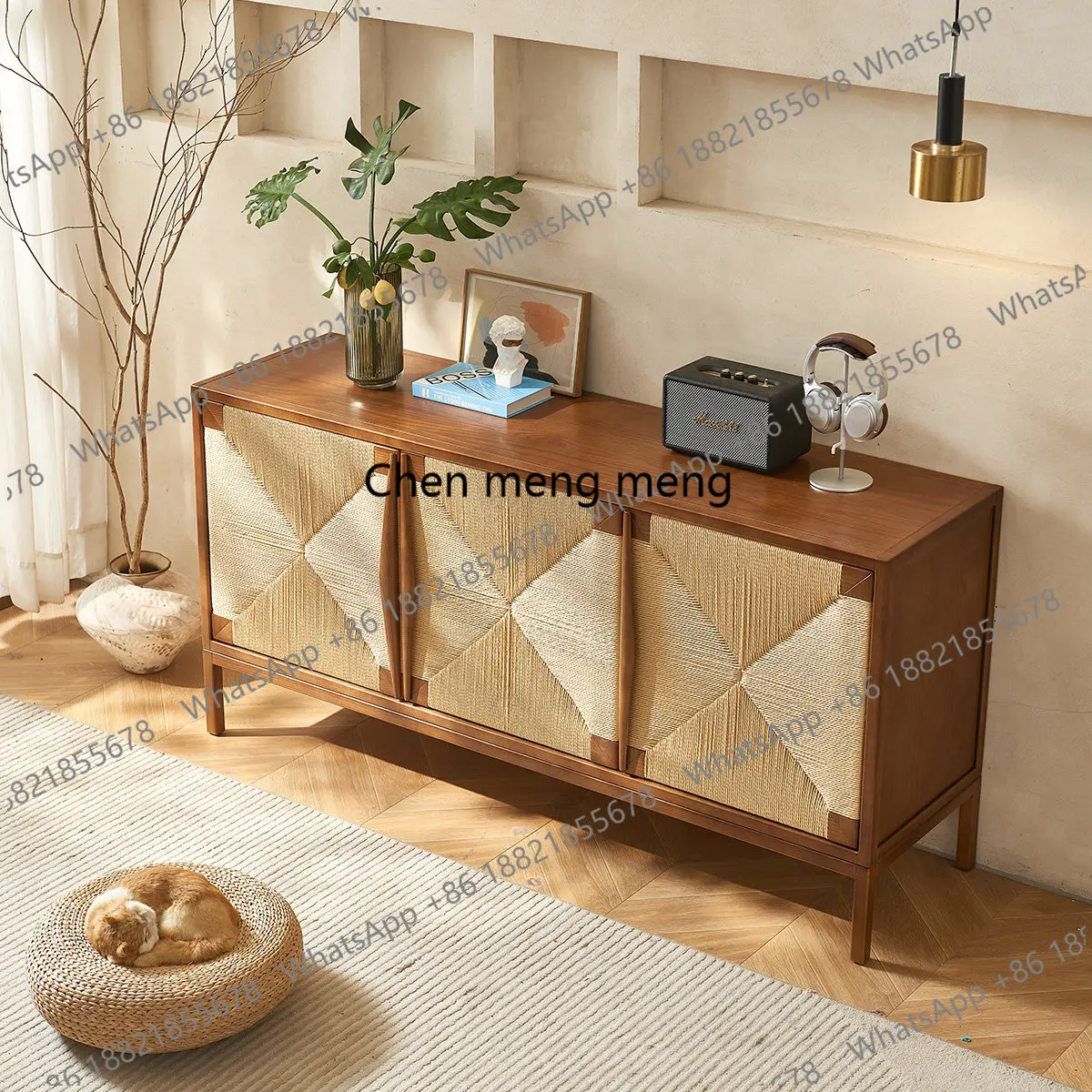 Medieval wabi-sabi style solid wood sideboard, handmade  simple storage cabinet braided rattan