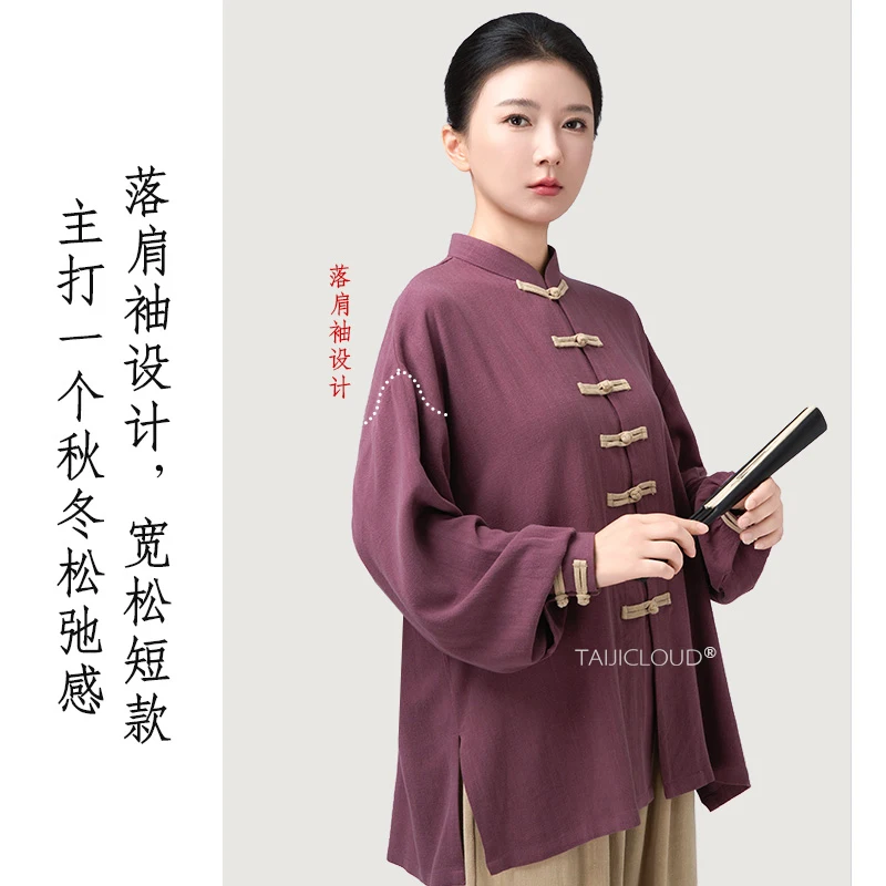 2025 New Women's Tai Chi Suit - Thickened Cotton Linen Top for Baduanjin & Daily Practice, Autumn Winter Kung Fu Wear