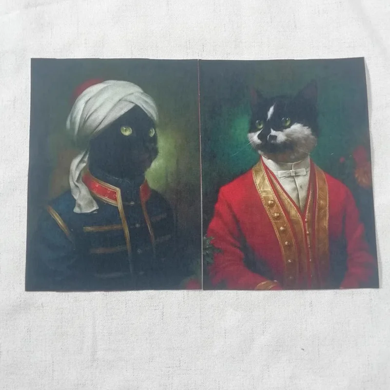 Court Cats Hand Dyed Painting Design Decorative Paintings Cats Fabric Handwork DIY Fabric Gentleman 15*20cm