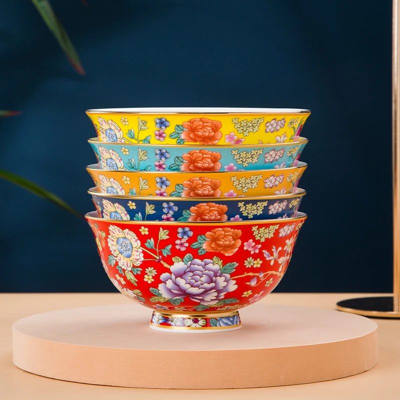 Tazón de porcelana fina esmaltada de color, estilo Palacio Chino, para arroz y fideos, tazón individual de alta resistencia al calor, vajilla de Jingdezhen