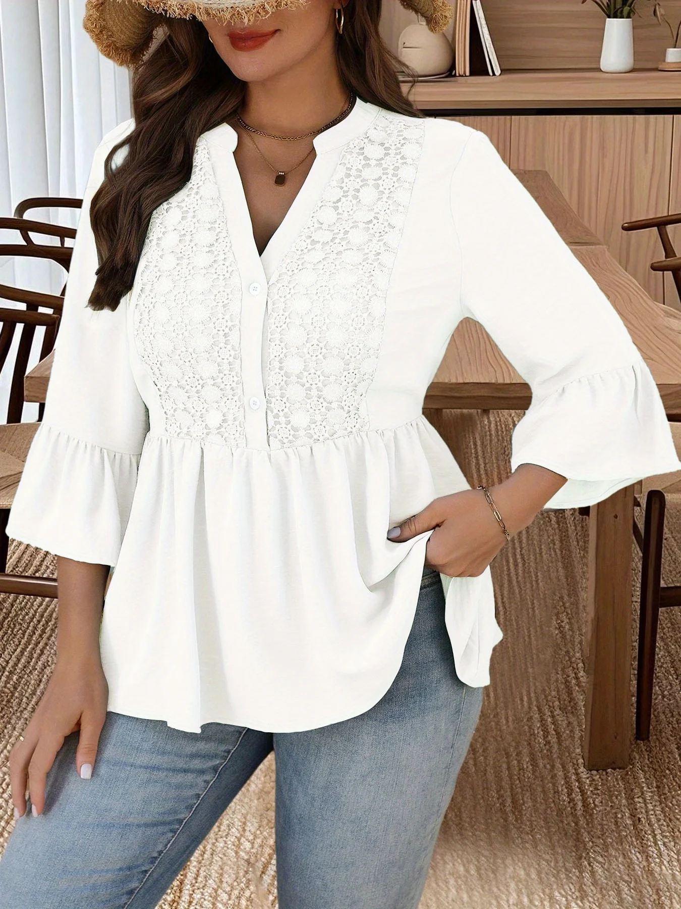 Women's Plus-Size Elegant Lace-Panel V-Neck Ruffle-Sleeve Blouse – Suitable for Work or Casual Outings