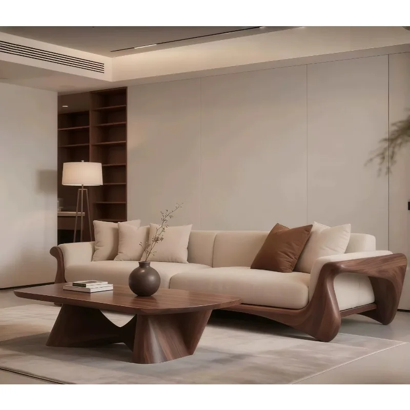 New Chinese black walnut solid wood sofa, modern simple high-end villa living room leather multi-person straight row sofa