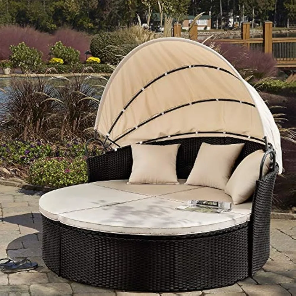 Patio Furniture Outdoor Round Daybed with Retractable Canopy Wicker Rattan Separated Seating Sectional Sofa