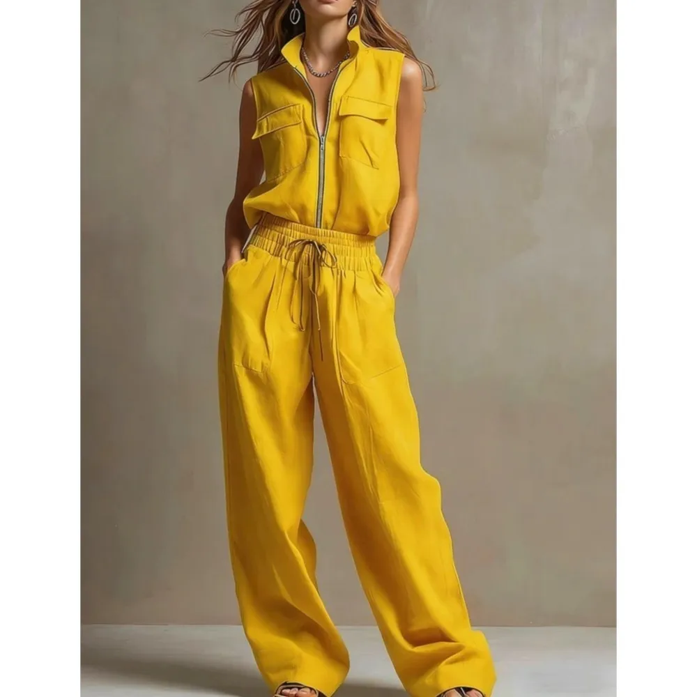 

Spring Summer Fashion Zipper Lapel Sleeveless Shirt Women Suit Casual Pocket Loose Wide-leg Trousers Female Vacation 2-piece Set