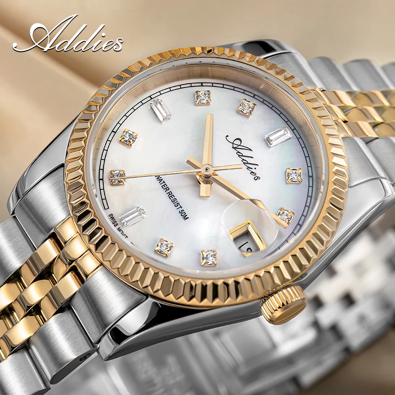 

Женские часы Addies, швейцарские кварцевые часы с механизмом 585, сапфировое стекло, водонепроницаемость 50 м, часы из нержавеющей стали 316L с жемчужным циферблатом, женские часы