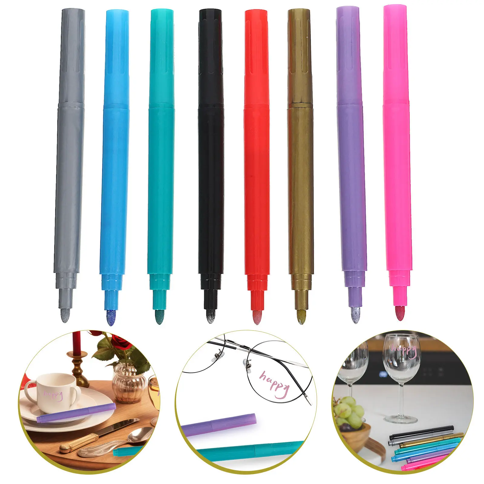 

8Pcs Washable Metallic Wine Glass Markers Quick Dry Glitter Pens for Craft Painting Scrapbooking Note Taking Wine Glass Markers