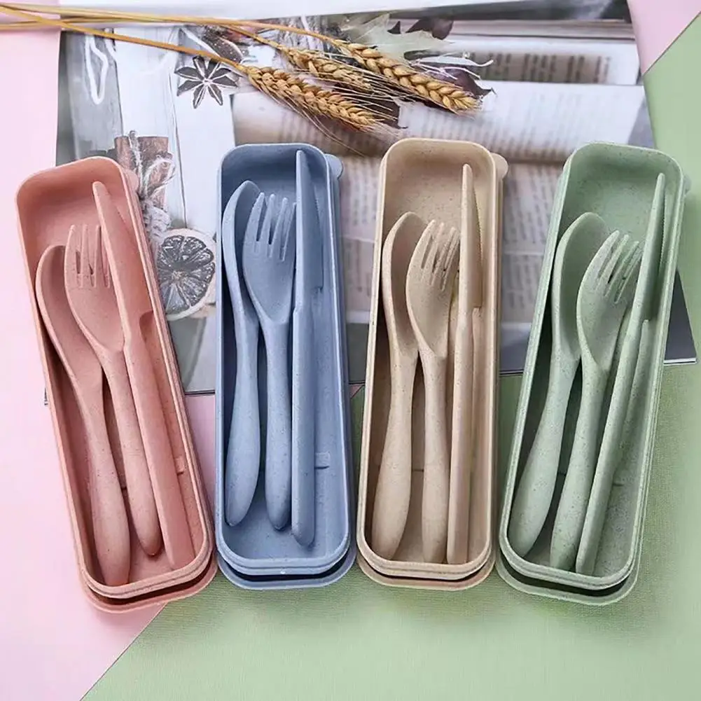 

3Pcs Portable Cutlery Set with Storage Box Plastic Kids Adult Spoon Fork Cutter Flatware Set for Picnic Wheat Straw Tableware