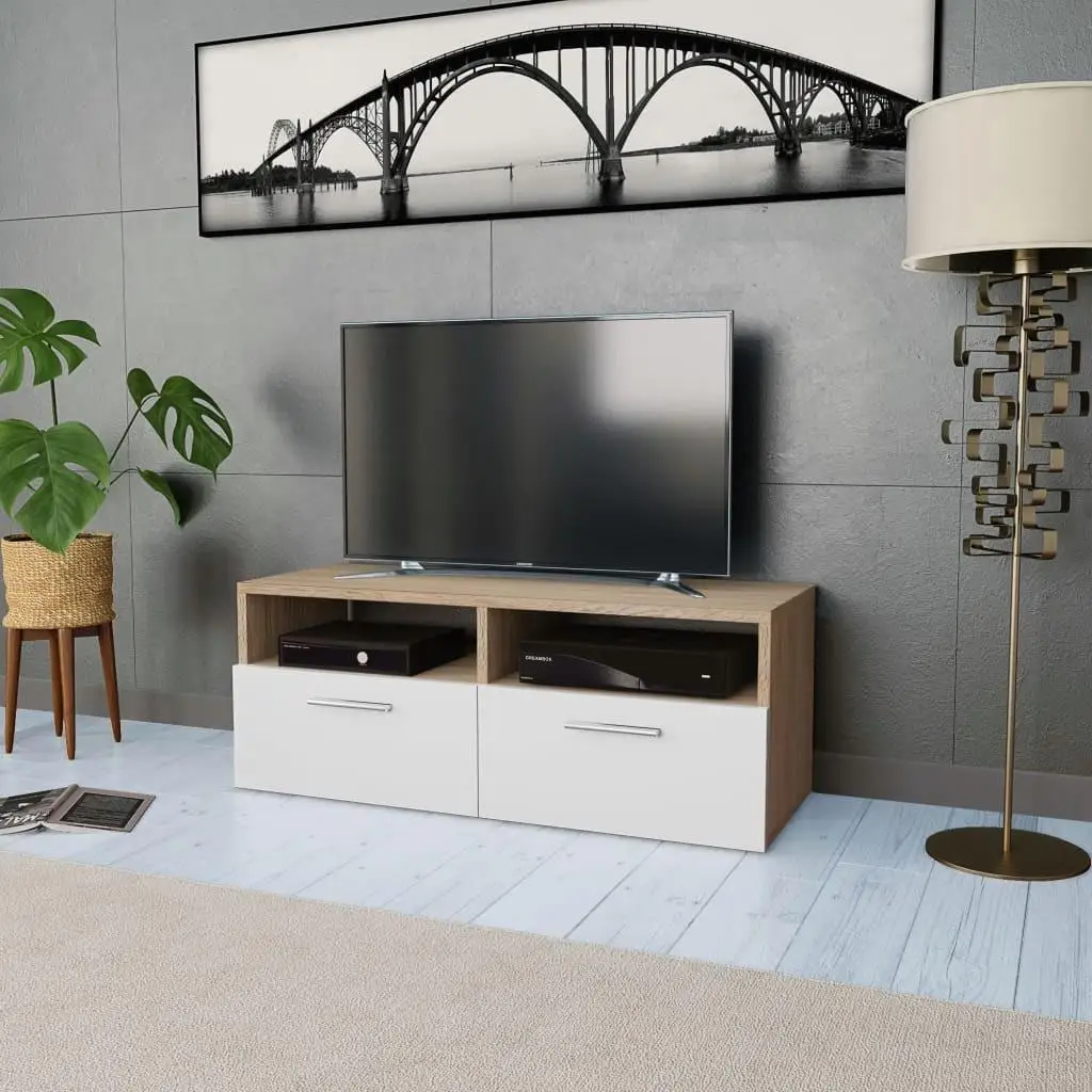 Meuble TV moderne en chêne et blanc, meuble de salon, 4,000 bois, 37.4 en effet x 13.8 en effet x 14.2 en