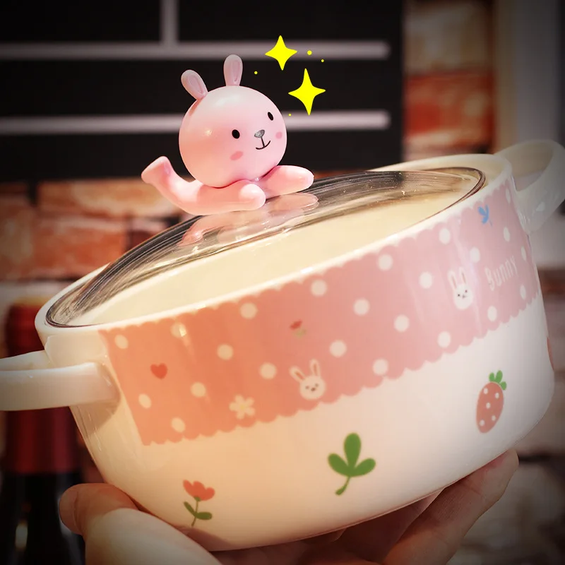 HF Noodle Bowl with Cover Ceramic Japanese Large Student Lunch Box Instant Noodle Bowl Dormitory Has Cover Cute Cartoon