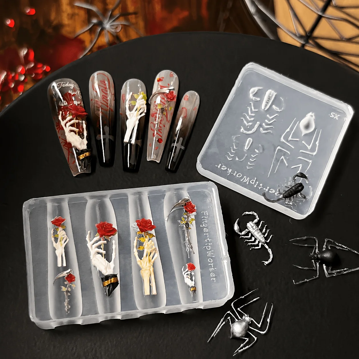 Halloween 3D Nail Art Silicone Mold Cute Pumpkin Witch Skull Candy Bone Patterns Reusable DIY Nail Decoration Stencil Template