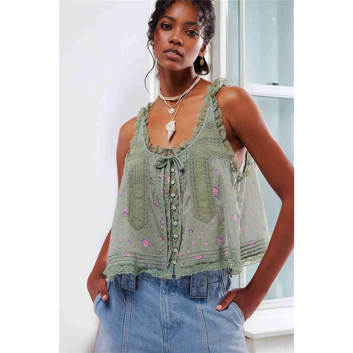 

ABQR Women Summer Boho Tie Front Tops Lace Beach Button Down Tank Sleeveless Mesh Chiffon Crop Tops Y2k 2025 Green S
