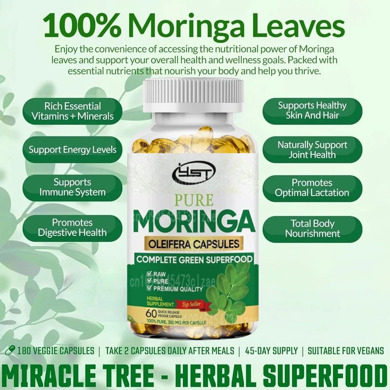Organic Moringa Powder Capsules, Used for Energy, Immunity, and Joint Health, Made From Pure Moringa Powder Organic