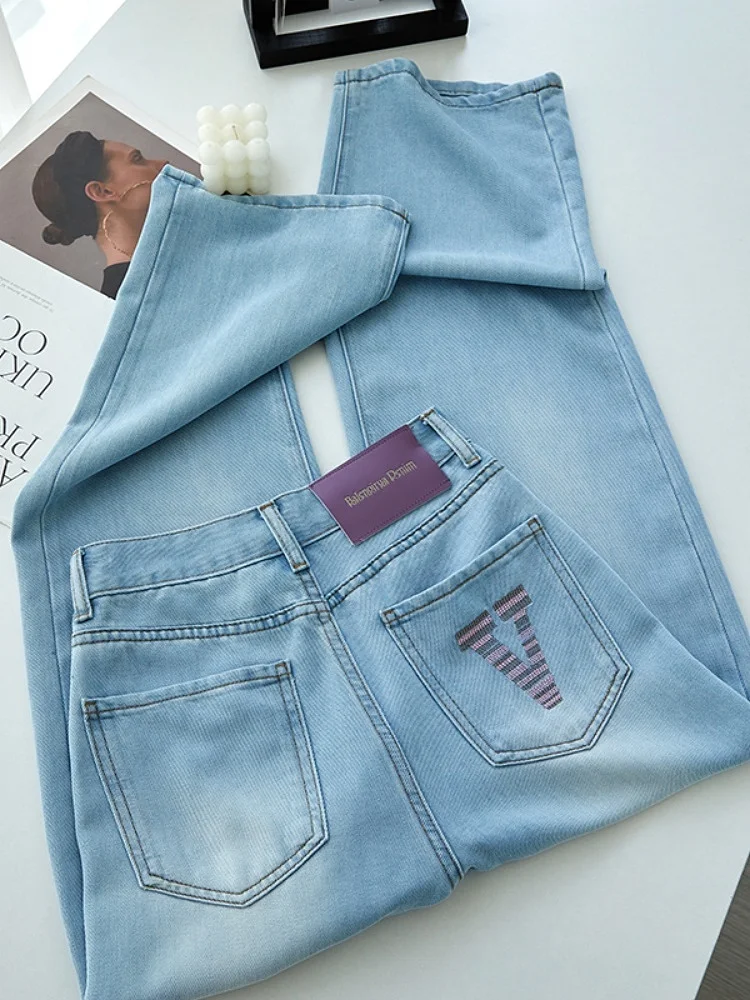 Verão fino bordado cintura alta perna larga jeans feminino corte reto emagrecimento fino ajuste longo algodão poliéster mistura