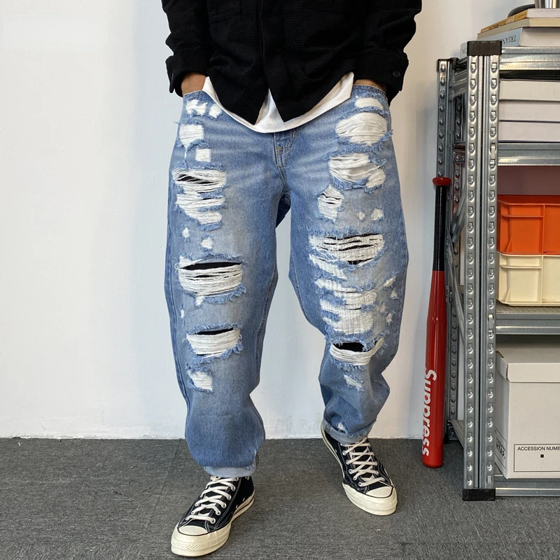 Casual Ripped Jeans Men Clothing Streetwear Denim Straight Cargo Pants Harajuku Distressed Beggar Trousers Male