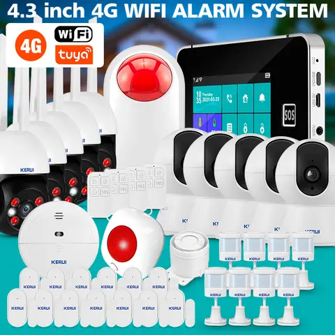 Kerui 4g alarmes anti-roubo 4.3 Polegada tela de toque sistema de alarme em casa wifi gsm tuya vida inteligente kit de alarme contra roubo 433mhz sensorsg64b