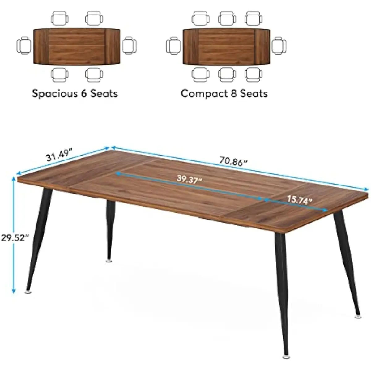 6ft Rectangular Workspace Table for Meetings or Dining • Engineered Wood Surface with Black Metal Legs • 70.9 Inch Length • 31.5
