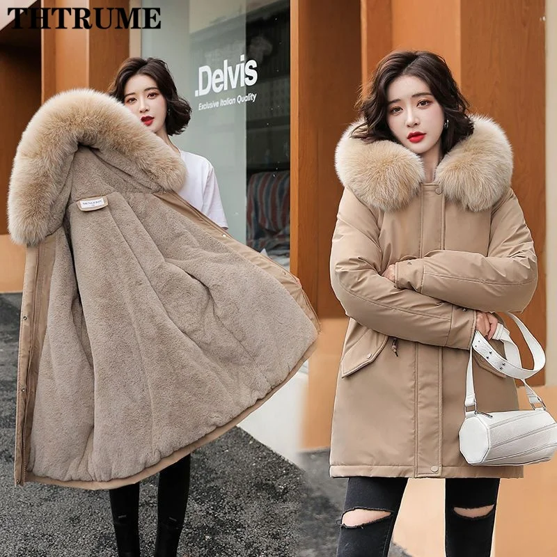 Elegante Parka Met Capuchon Voering Mode Herfst Winter Dikke Lange Mouw 2024 Nieuwe Jassen Kleding Casual Bontkraag Wol Rits Parka's